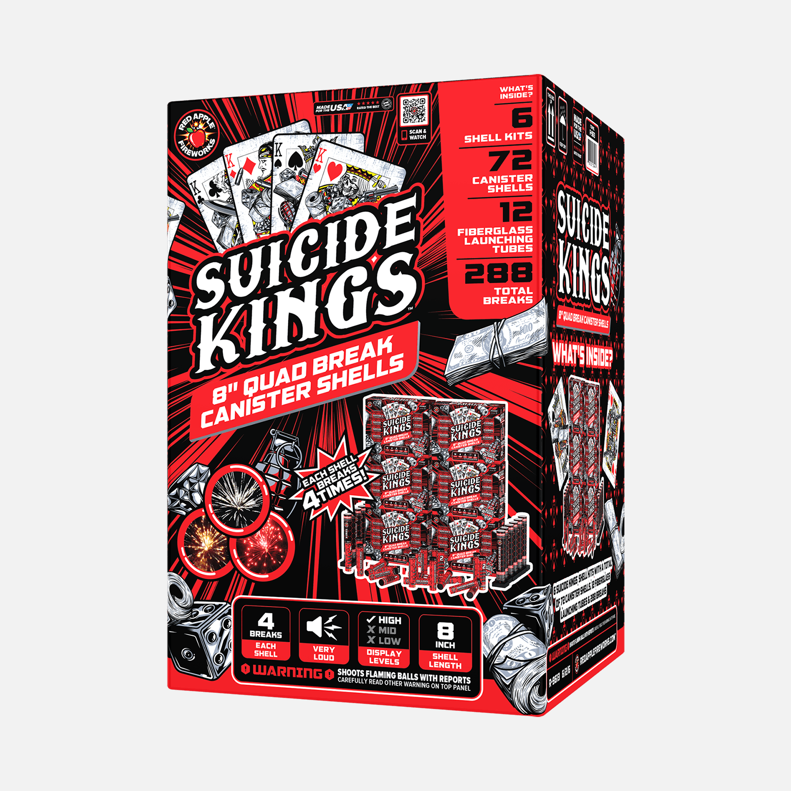 Suicide Kings™ 12 Shot 8 Inch Quad Break Canister Shells Reloadable Shell Kits Red Apple® Size: Case