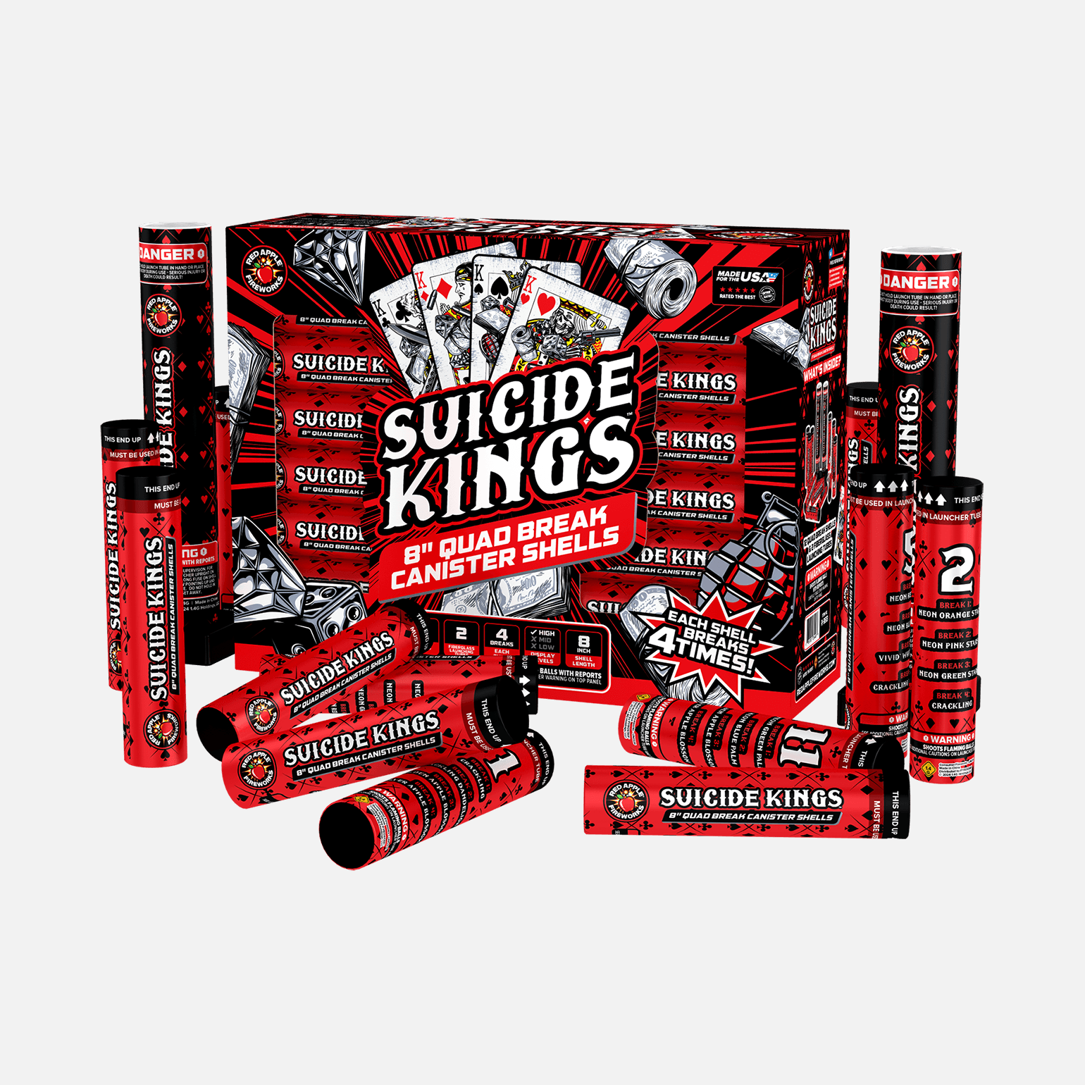 Suicide Kings™ 12 Shot 8 Inch Quad Break Canister Shells Canister Shell Kits